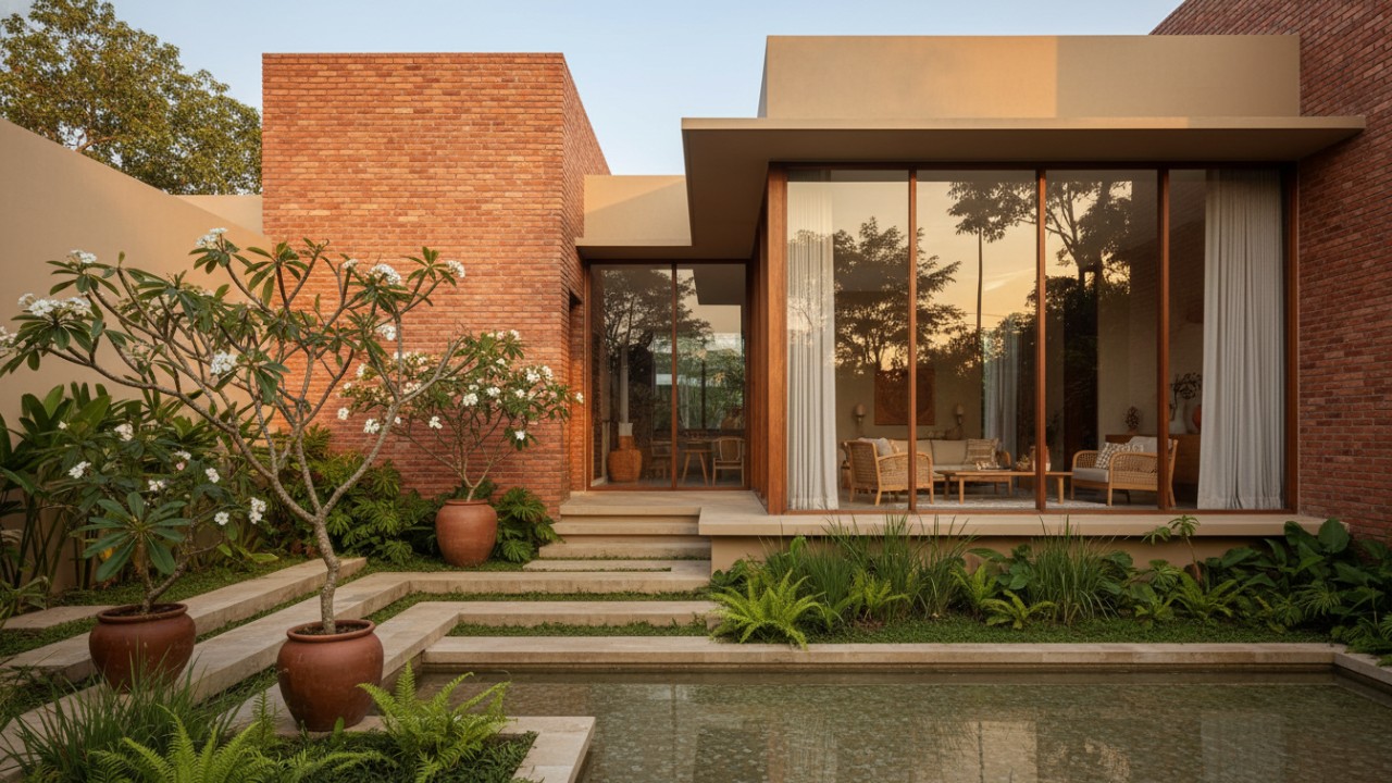 Tampilan rumah minimalis dengan warna earthy lembut yang memantulkan cahaya matahari, memberi kesan tenang dan membumi.