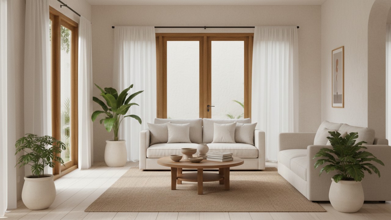 Interior rumah minimalis dengan dinding soft white hangat yang memantulkan cahaya alami secara lembut.