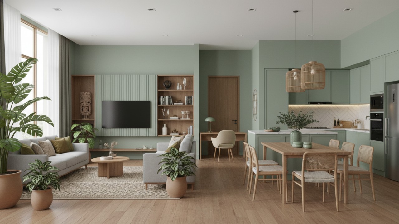 Tampilan rumah minimalis dengan aksen Sage Green hingga Eucalyptus yang menyatu dengan elemen kayu dan taman, memberi kesan tenang dan modern.