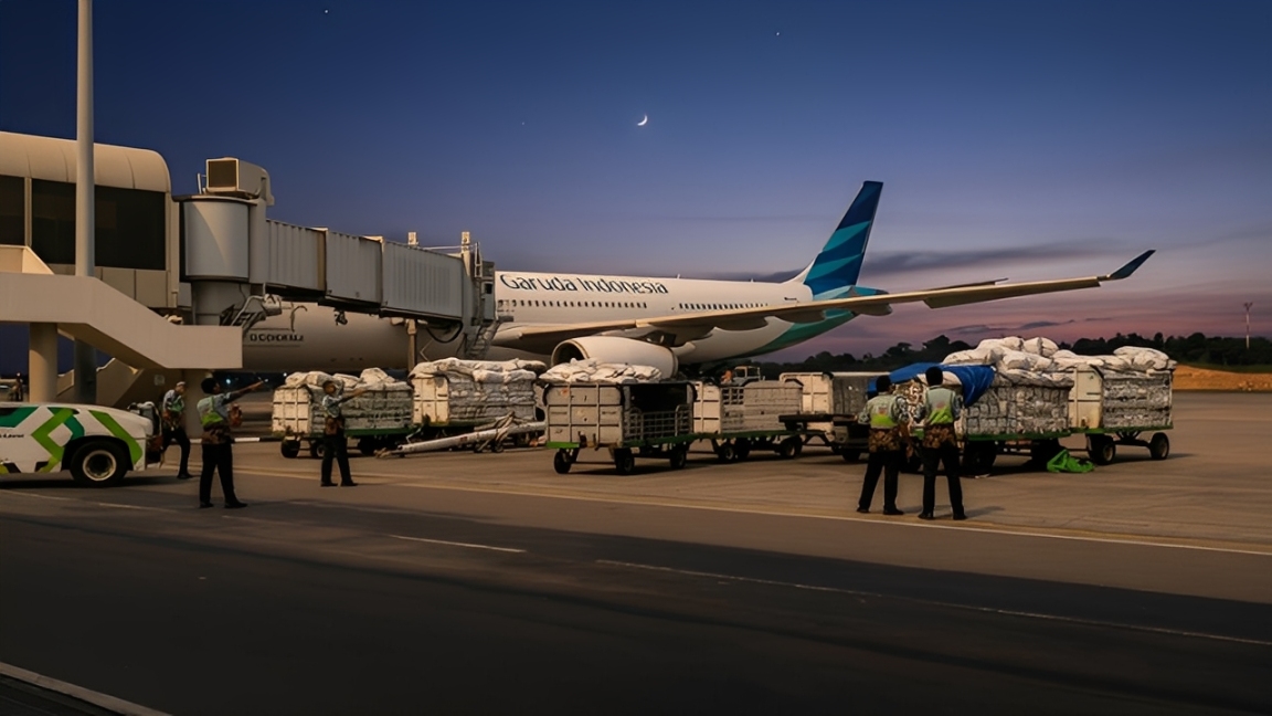 Suasana aktivitas bongkar muat kargo di Bandara APT Pranoto Samarinda.