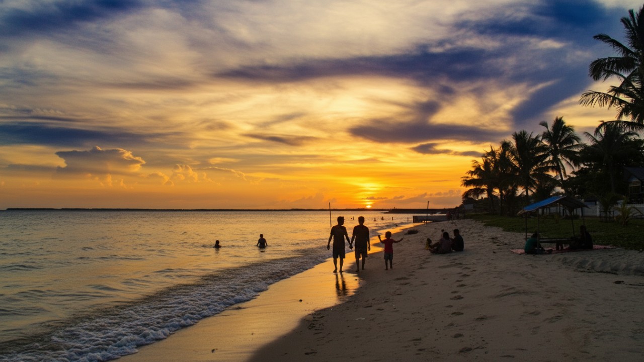 Sunset sore di Pantai Kemala dengan warga duduk santai dan penjual makanan di tepi pantai.