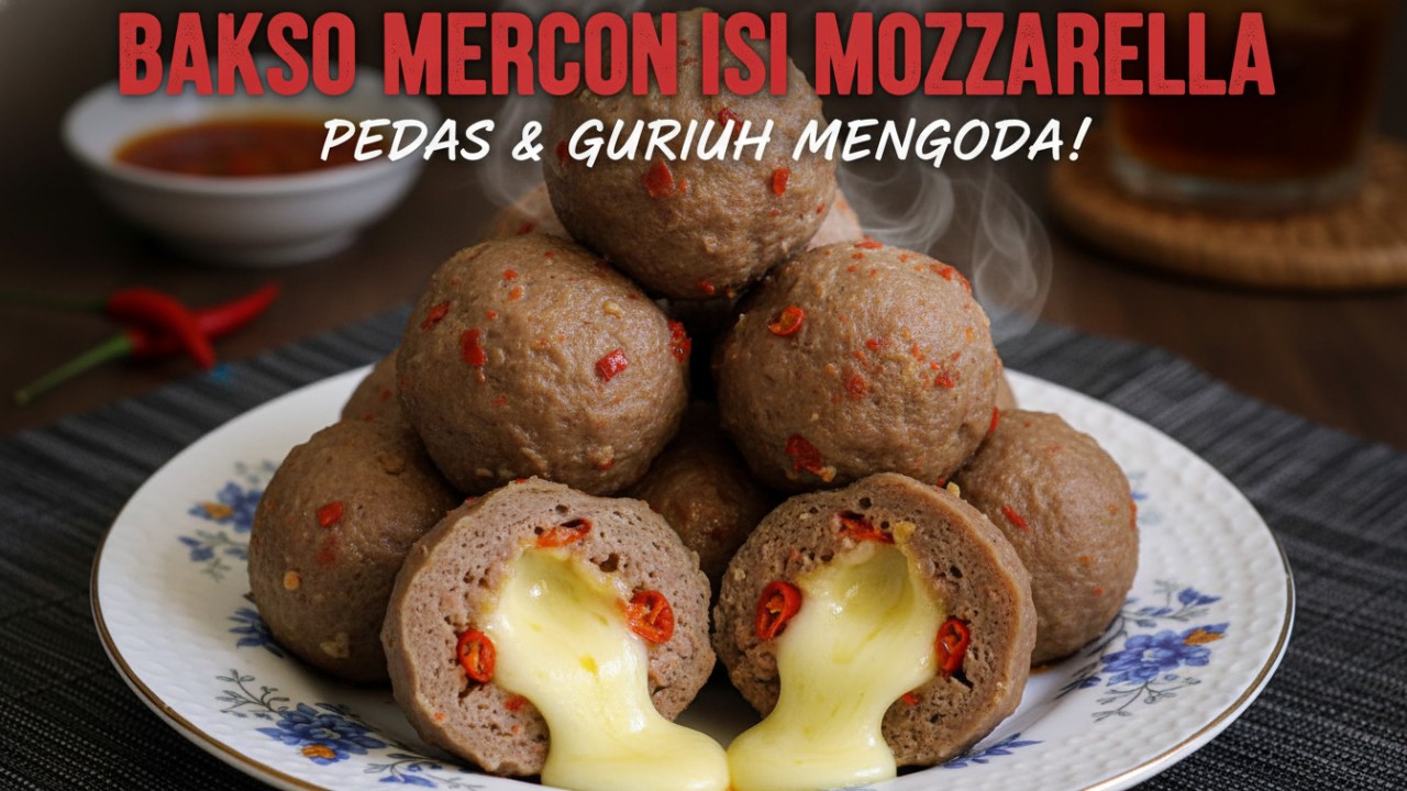 Bakso Mercon Isi Mozzarella dengan keju lumer saat dibelah