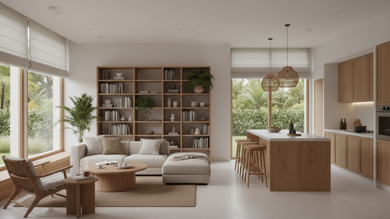 Interior rumah Japandi dengan material kayu natural dan pencahayaan lembut, menampilkan suasana tenang hunian pensiun.