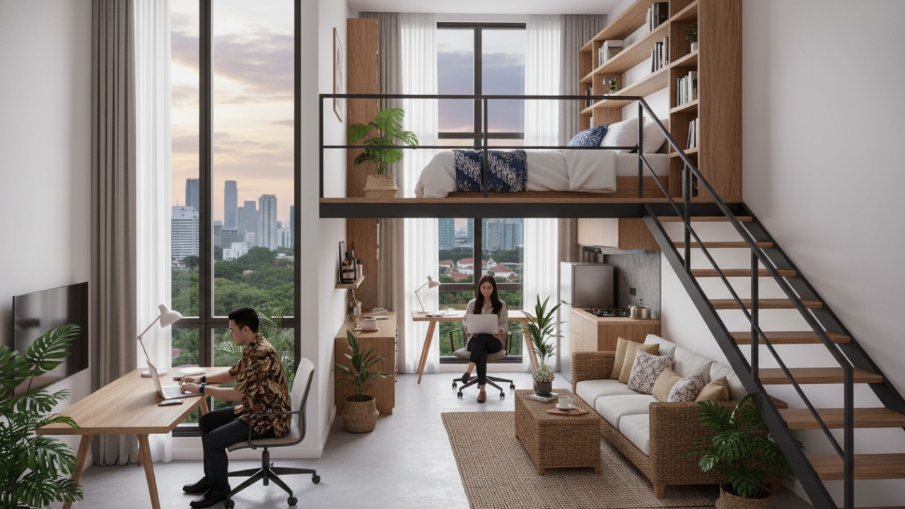 Ruang tidur mezzanine minimalis dengan pencahayaan alami, menampilkan desain vertikal efisien untuk hunian Pasangan urban modern.