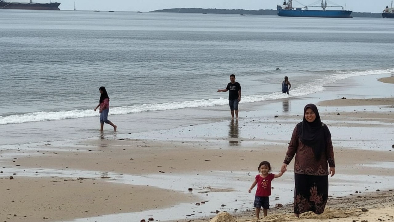 Suasana Pantai Taman Monpera Balikpapan saat libur Nataru, pengunjung santai menikmati panorama laut dan angin pantai.