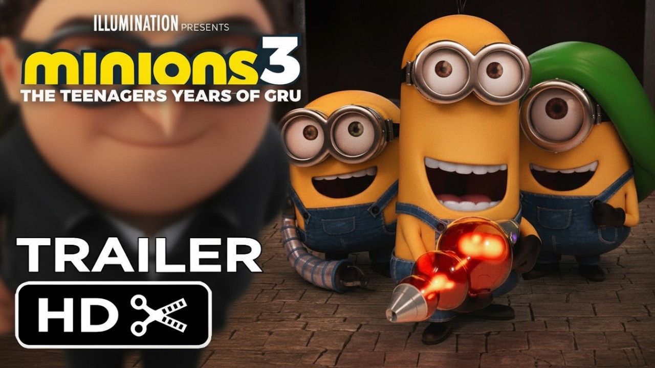 Para Minions beraksi dengan ekspresi kocak dan visual cerah, menggambarkan kekacauan seru Minions 3 yang siap menghibur penonton.