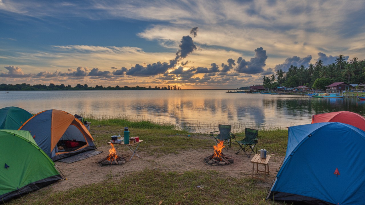 Hamparan Danau Semayang dengan tenda camping di tepi danau, menghadirkan suasana alam tenang dan desa wisata yang hidup.