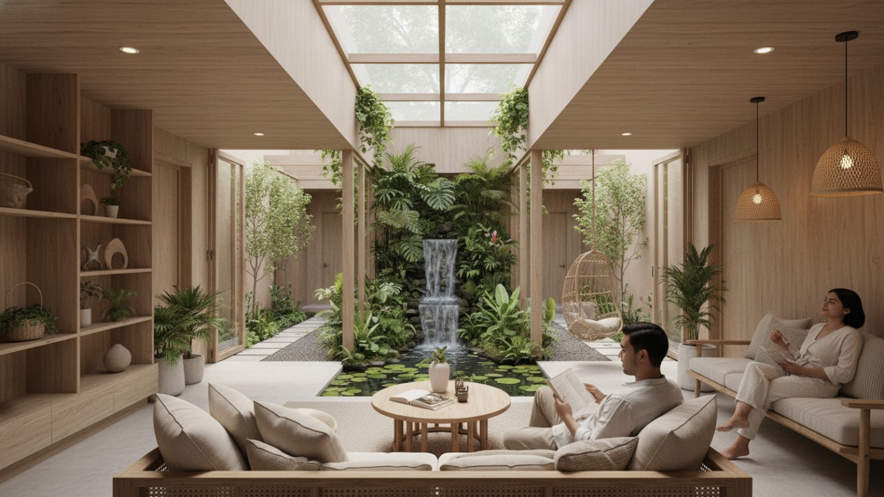 Tampilan rumah minimalis dua kamar dengan inner courtyard yang menghadirkan cahaya alami dan udara segar ke dalam hunian.