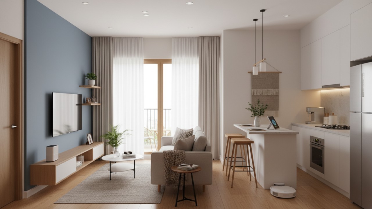 Rumah minimalis dua kamar dengan teknologi smart living tersembunyi yang mendukung kenyamanan pasangan muda.