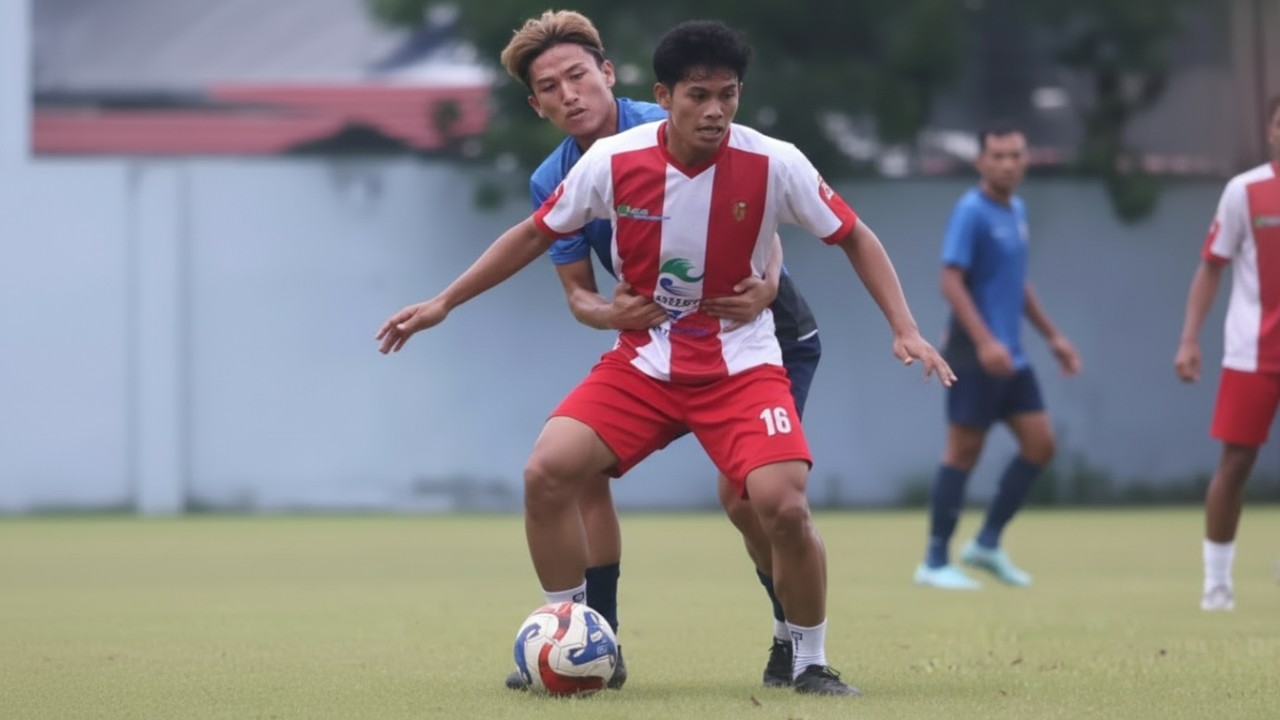 Pemain Persiba Balikpapan dan Balikpapan United beradu intensitas di Lapangan Bima Sakti, Lanud Dhomber, dalam laga uji coba penuh evaluasi.
