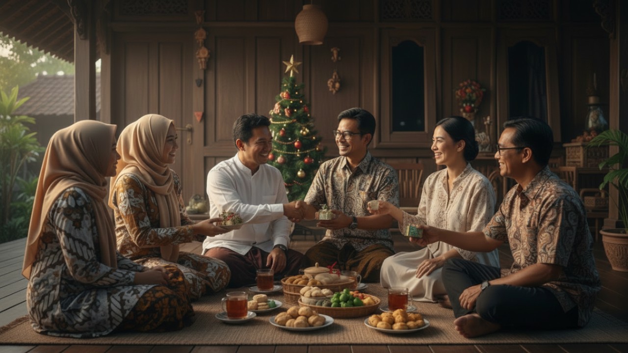 Ilustrasi ucapan Natal lintas Agama dengan nuansa damai dan kebersamaan di tengah keberagaman masyarakat.
