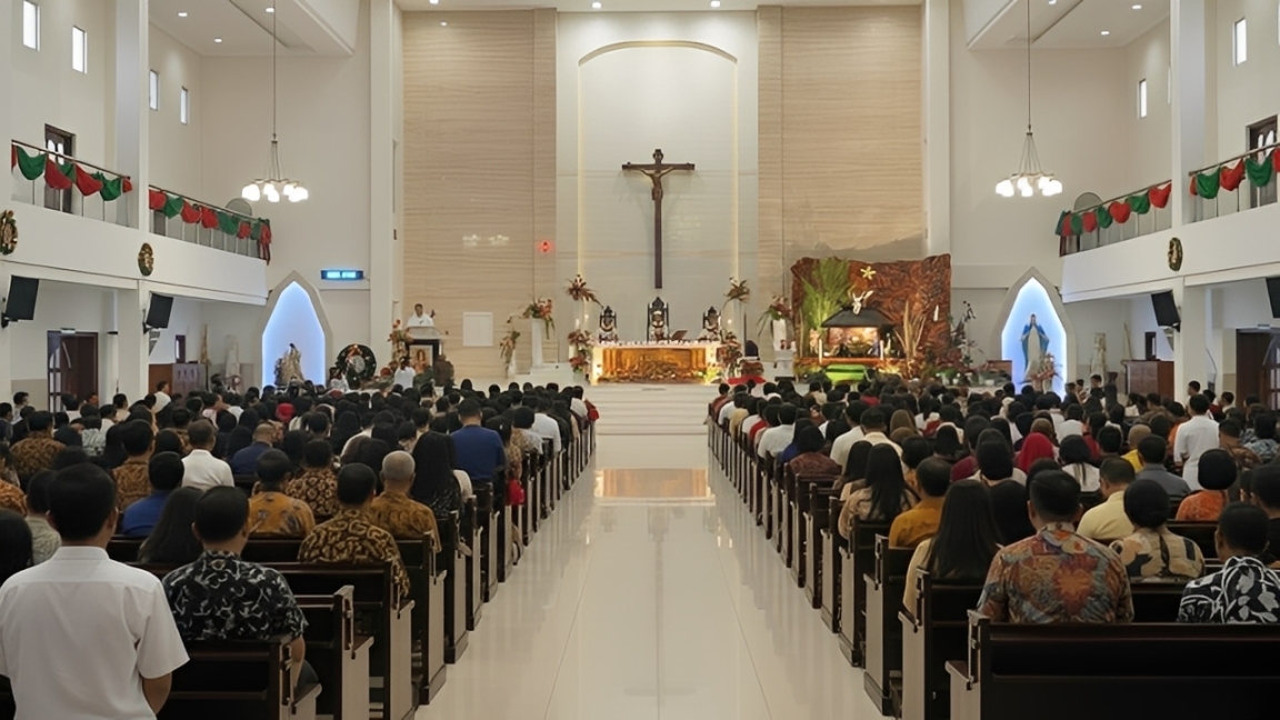 Suasana jemaat beribadah dalam Misa Natal 2025 di Gereja Santa Theresia, Balikpapan, Rabu (24 Desember 2025).