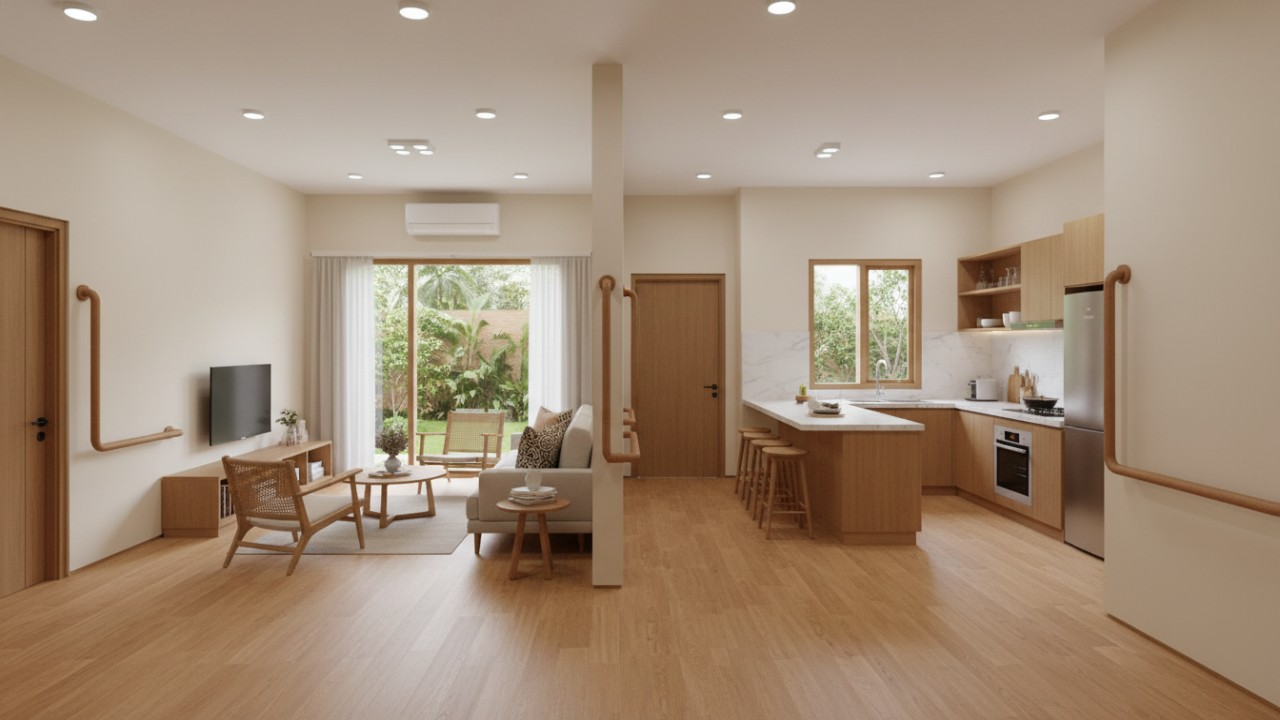 Ilustrasi rumah minimalis lansia dengan teknologi sunyi yang menyatu dengan desain dan mendukung kemandirian.