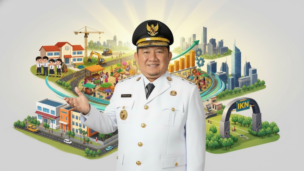Capaian Bupati Penajam Paser Utara Mudyat Noor selama 2025 yang menampilkan program pendidikan, infrastruktur, ekonomi rakyat, dan filosofi efisiensi pembangunan.