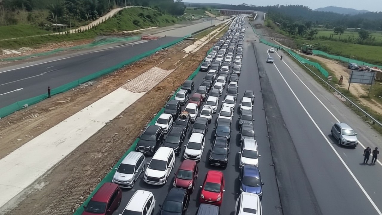 Suasana kemacetan di Jalan Tol Balikpapan-IKN terlihat dari udara, Kamis (25 Desember 2025).