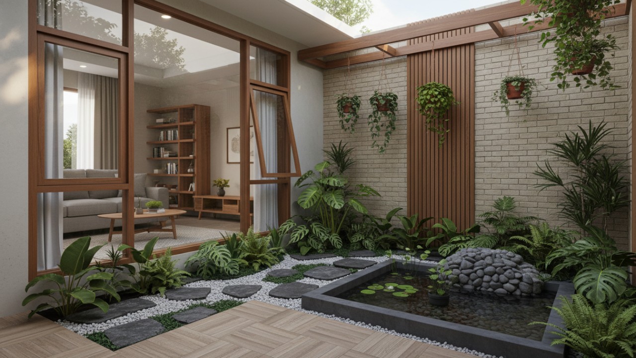 Sudut taman hijau di pojok rumah minimalis dengan material alami dan tanaman lokal yang menenangkan.