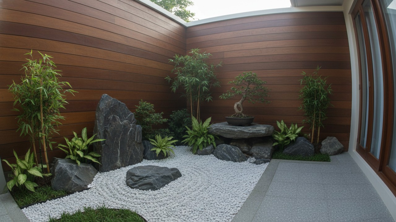 Taman pojok minimalis bernuansa zen dengan batu alam dan tanaman halus, menciptakan ketenangan visual di rumah modern.