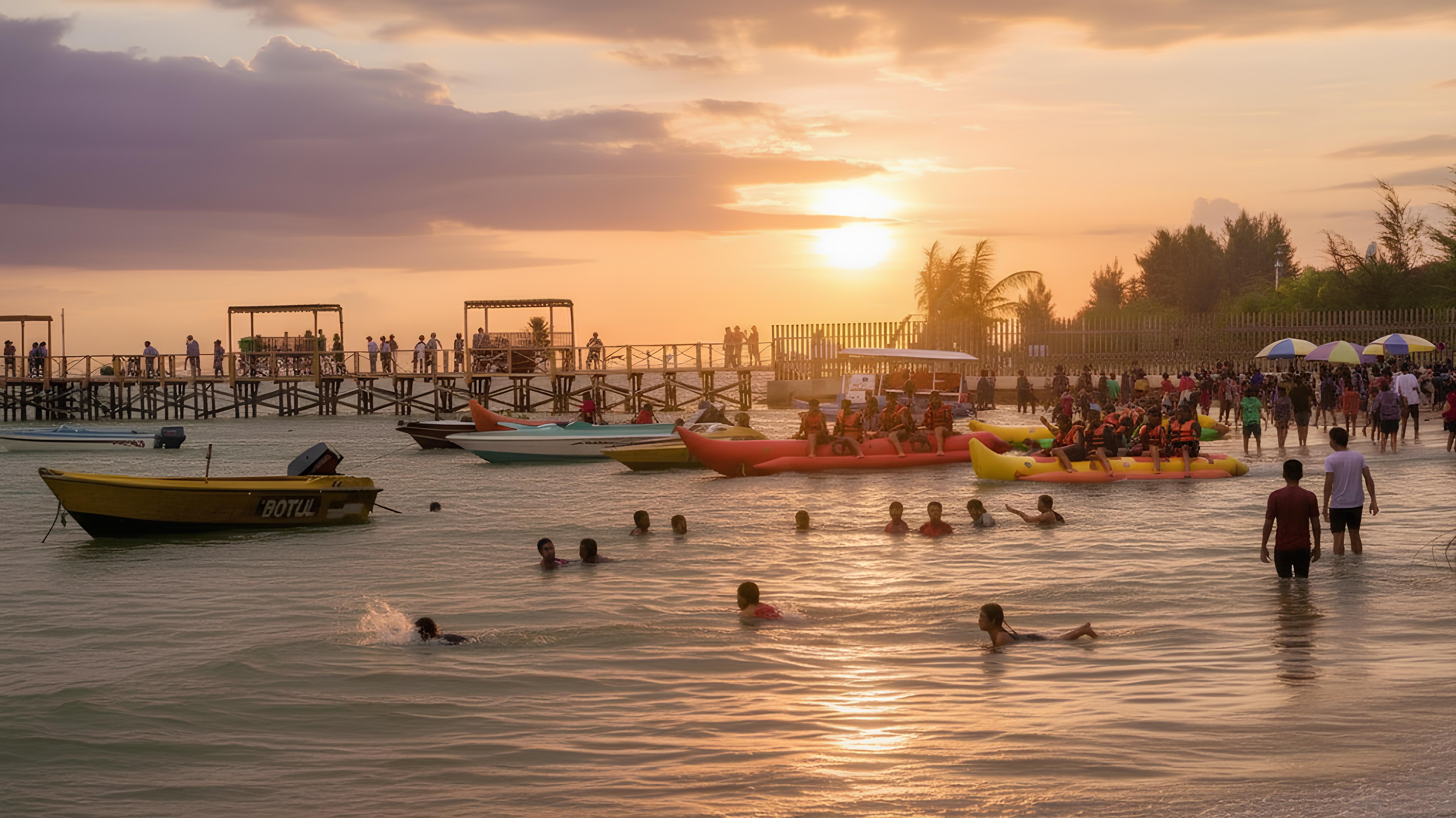 Sejumlah wisatawan menikmati aktivitas wisata air di Pantai Manggar, Balikpapan, saat sore hari menjelang matahari terbenam.