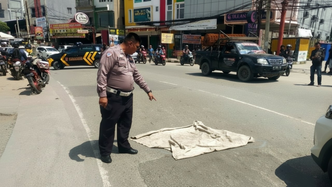 Petugas kepolisian menunjukkan TKP kecelakaan lalu lintas yang menewaskan pengendara motor lansia di Samarinda, Jumat (26 Desember 2025).