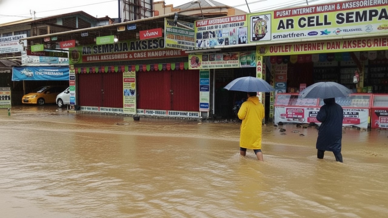 Suasana banjir yang merendam kawasan Sempaja, Samarinda.