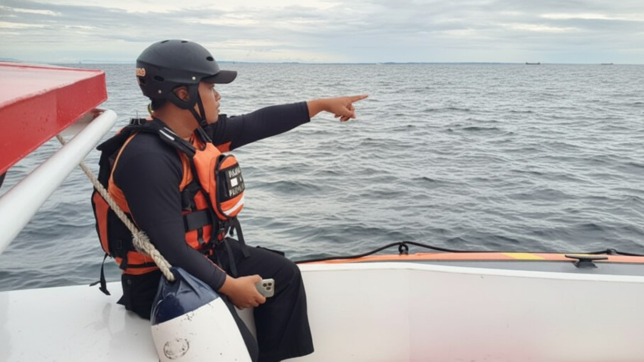 Petugas tim SAR menyisir area laut untuk mencari satu pemancing yang menjadi korban kecelakaan kapal dan dinyatakan hilang, Sabtu (27 Desember 2025).