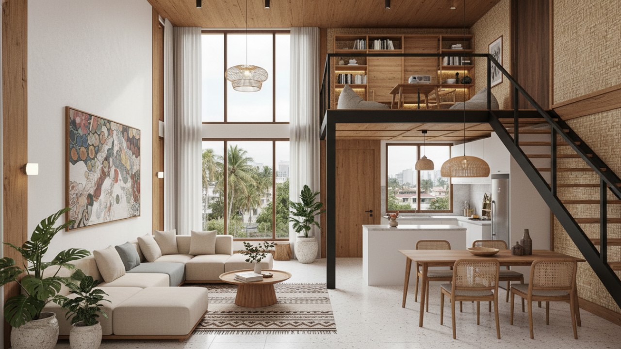 Rumah minimalis dengan mezzanine multifungsi yang fleksibel mengikuti aktivitas harian penghuni.