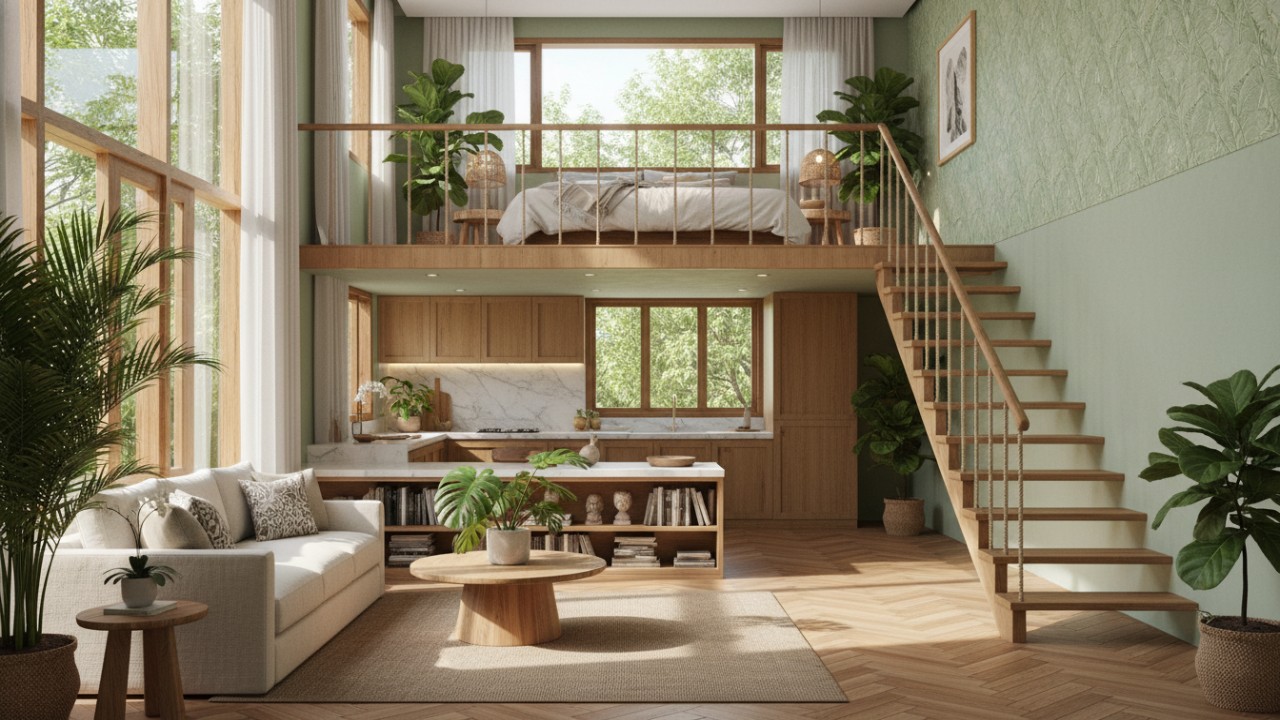 Mezzanine bernuansa kayu dengan cahaya alami dan tanaman indoor yang memperkuat kesan rumah minimalis tropis 2026.