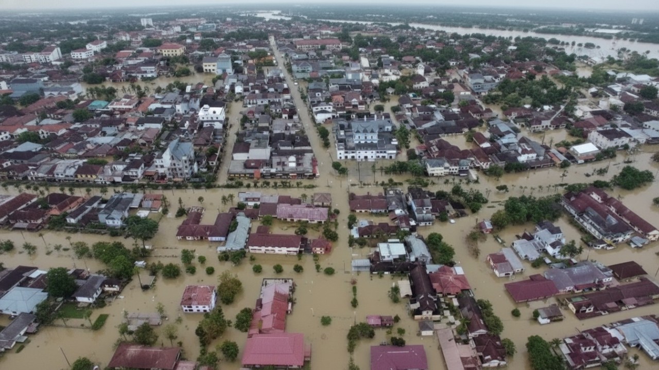 Ilustrasi banjir di wilayah Sumatra dengan rumah warga terdampak