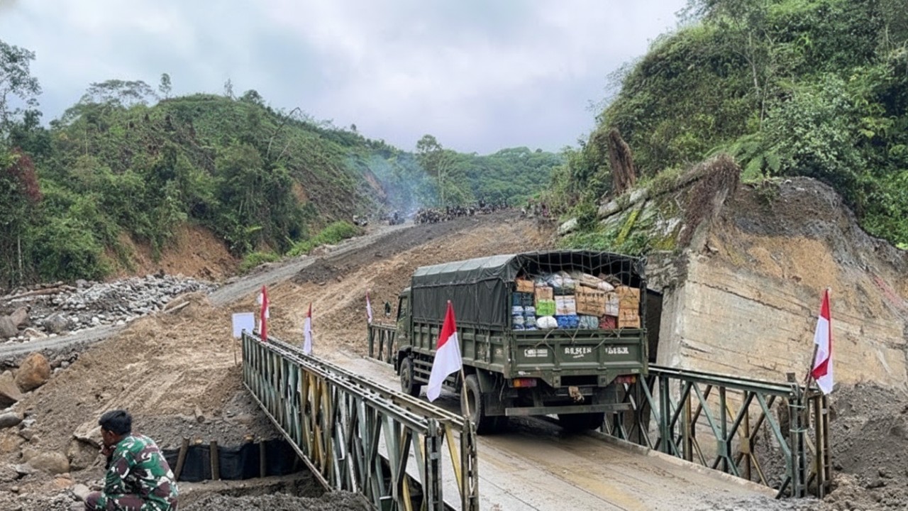 Ilustrasi Kendaraan Mengangukut bantuan logistik melewati jembatan, Jembatan bailey di Aceh yang telah rampung, membuka kembali akses darat pascabencana banjir dan longsor.
