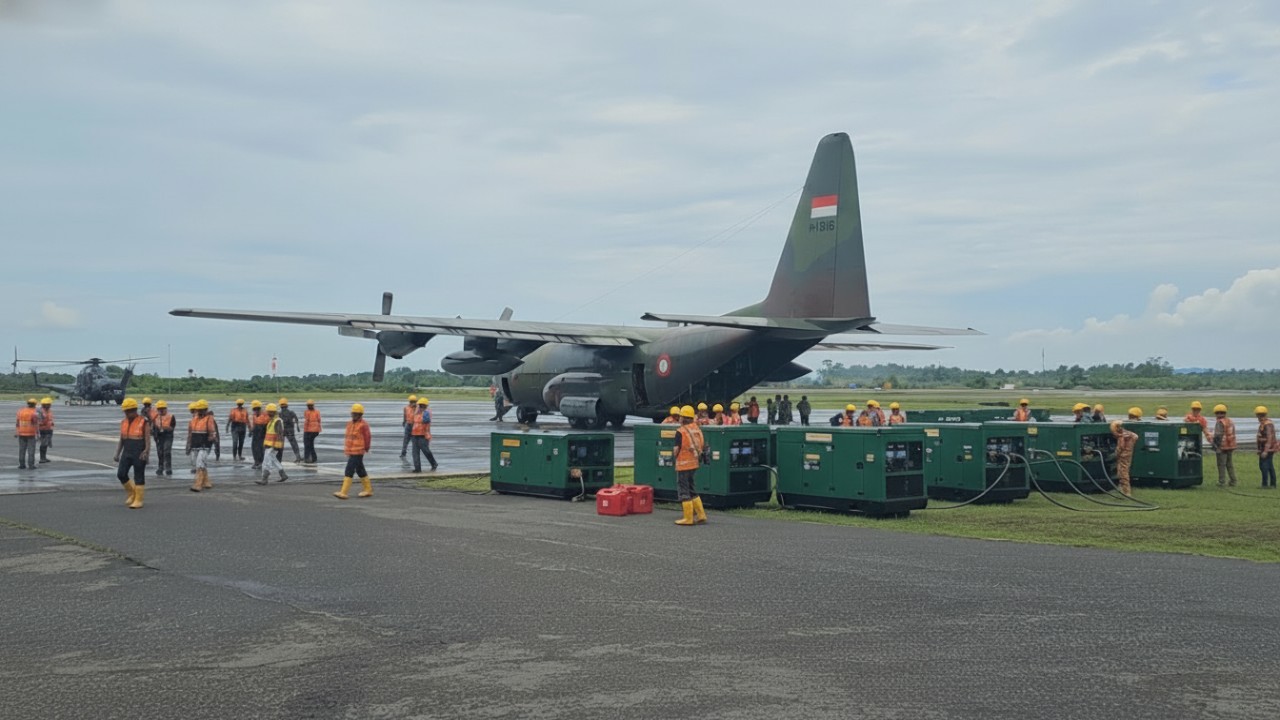 Ilustrasi Pengiriman genset bantuan Kementerian ESDM menggunakan pesawat Hercules TNI AU untuk wilayah Aceh terdampak benc