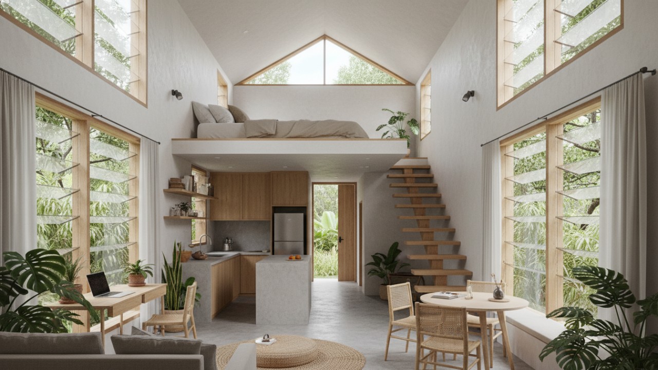 Tampilan interior rumah minimalis dengan mezzanine yang memaksimalkan ventilasi dan cahaya alami sebagai solusi hemat energi.