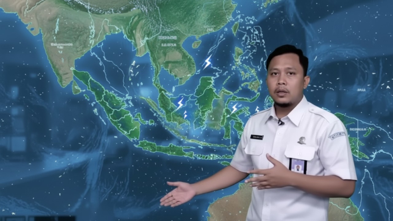 Ilustrasi awan gelap dan hujan di kawasan perkotaan, menggambarkan peringatan cuaca BMKG hari ini.