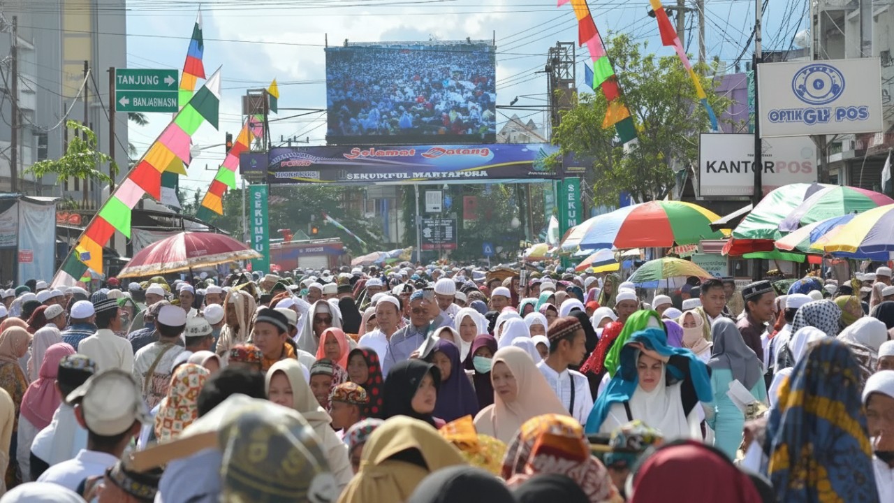 Suasana kepadatan jamaah Haul Guru Sekumpul di Martapura dengan pengamanan dan layanan kesehatan siaga penuh.