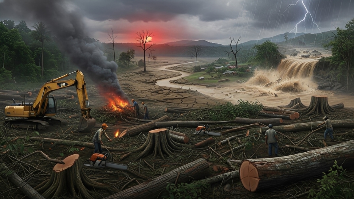 Ilustrasi dampak perambahan di kawasan Hutan Lindung Sungai Wain, Balikpapan, yang berpotensi memicu bencana lingkungan.