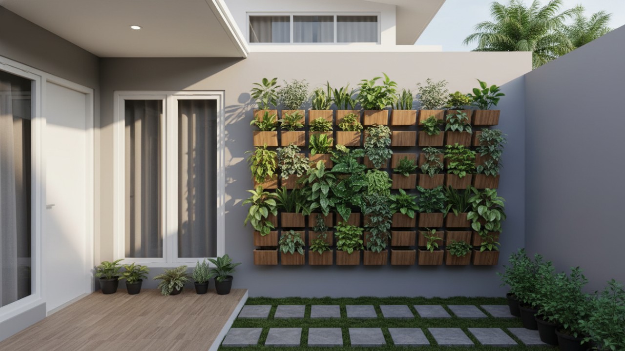 Tampilan kebun vertikal minimalis pada dinding rumah urban yang rapi dan fungsional, mencerminkan tren hunian 2026.