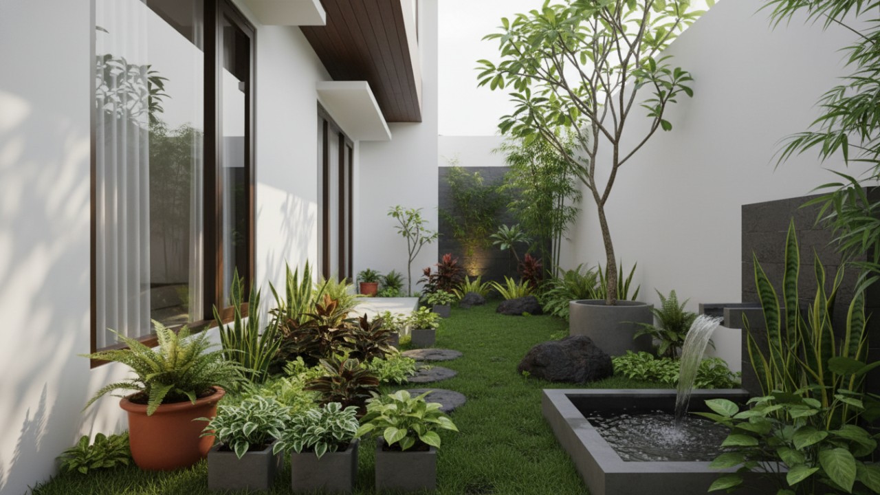 Tampilan kebun linear di sisi rumah minimalis dengan jalur pijak dan tanaman ramping yang tertata rapi.