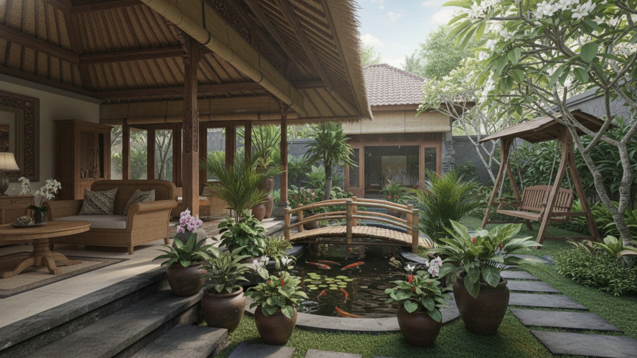 Kebun transisi di rumah minimalis dengan bukaan lebar yang menyatukan ruang keluarga dan area hijau.