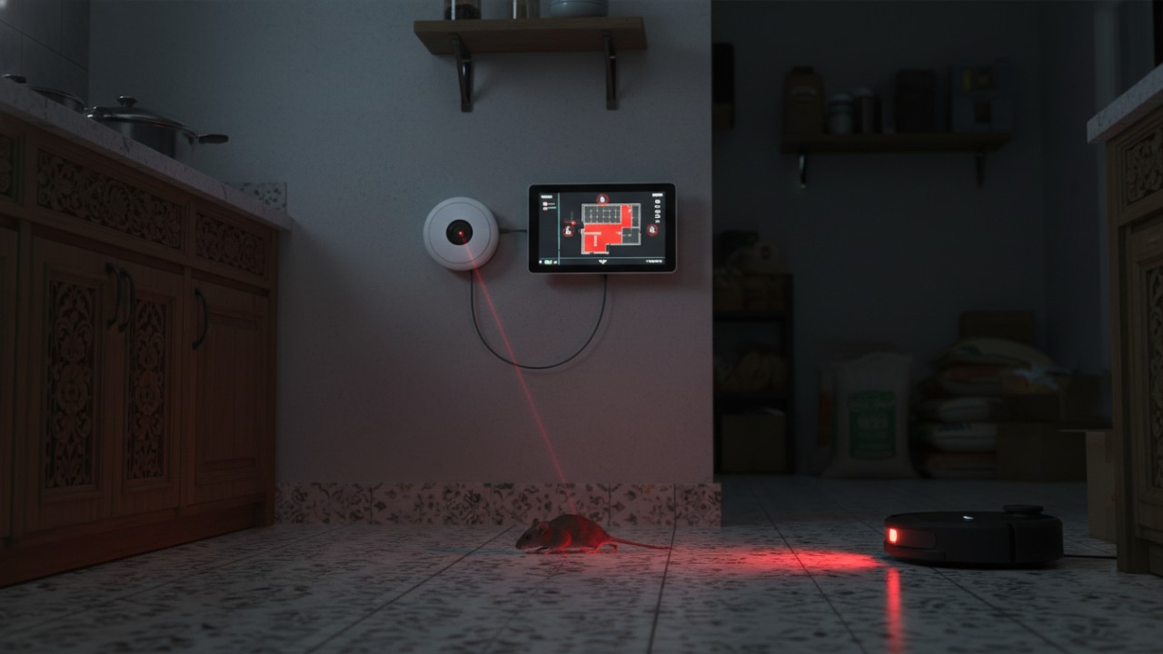 Ilustrasi rumah minimalis modern dengan sistem smart home yang memantau area dapur secara cerdas dan senyap.