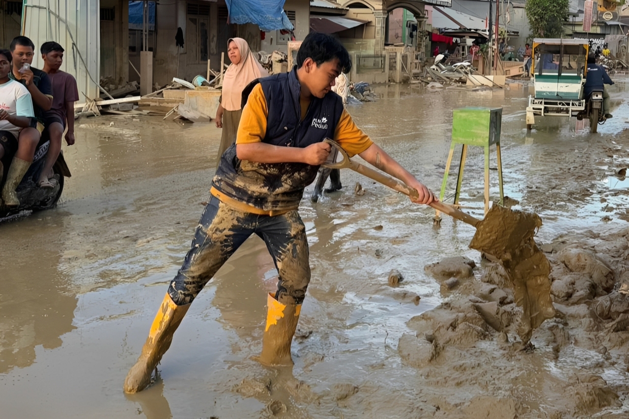 Relawan PLN membersihkan lumpur di jalan pascabencana banjir dan tanah longsor di Aceh.