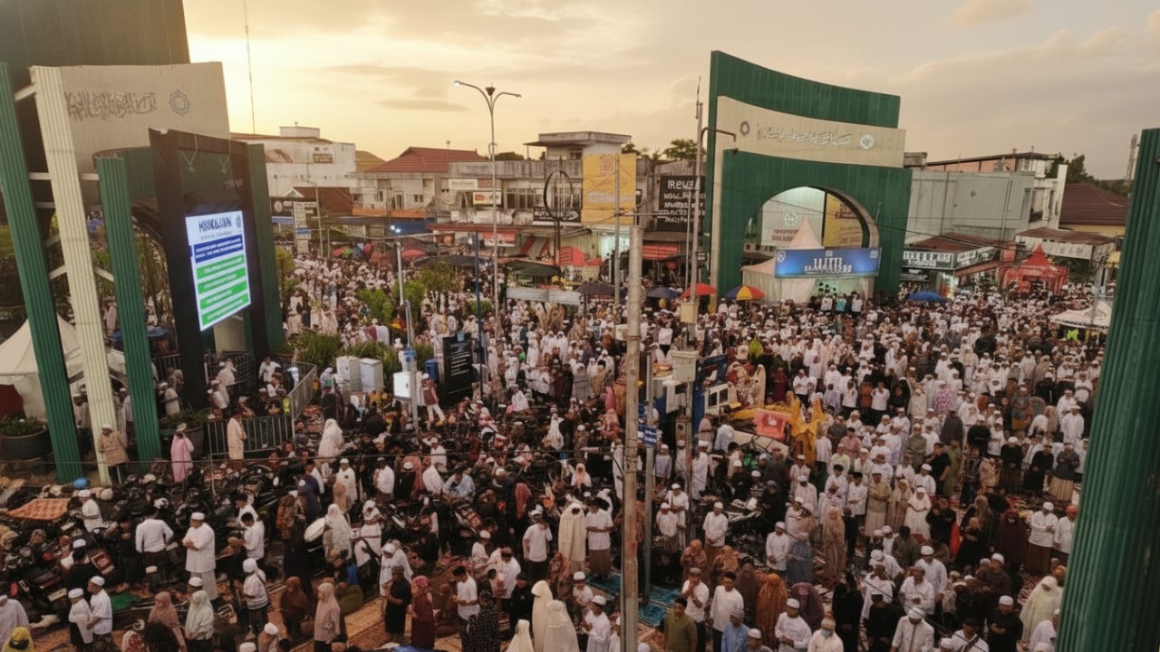Lautan jemaah memadati kawasan Sekumpul saat pengajian 5 Rajab, menghadirkan suasana khusyuk dan kebersamaan yang menggetarkan.