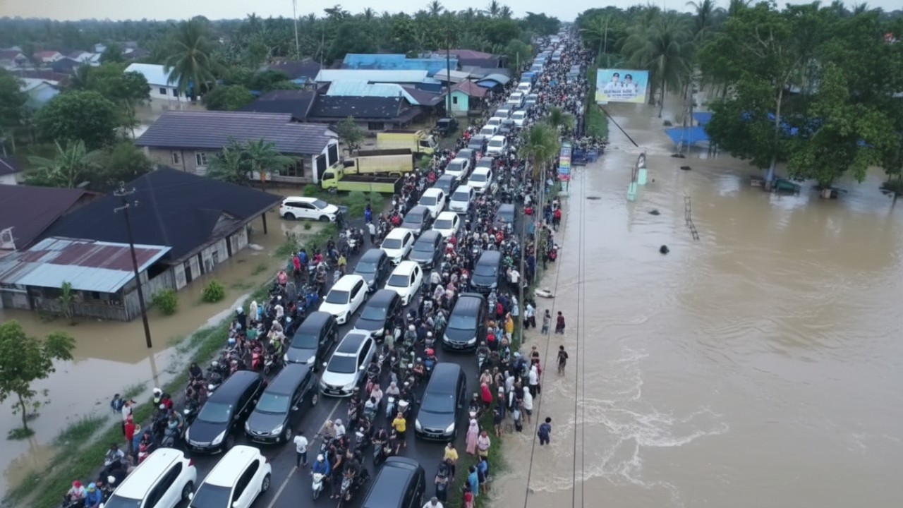 Arus balik jemaah 5 Rajab terpantau meningkat di Bundaran Bungur Tapin dengan pengawasan relawan dan aparat.