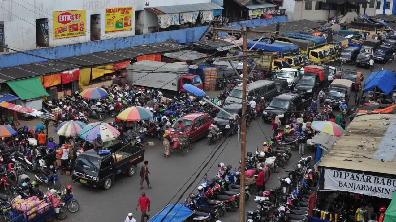 Aktivitas parkir di kawasan pasar Banjarmasin, menggambarkan dinamika retribusi dan target PAD daerah.