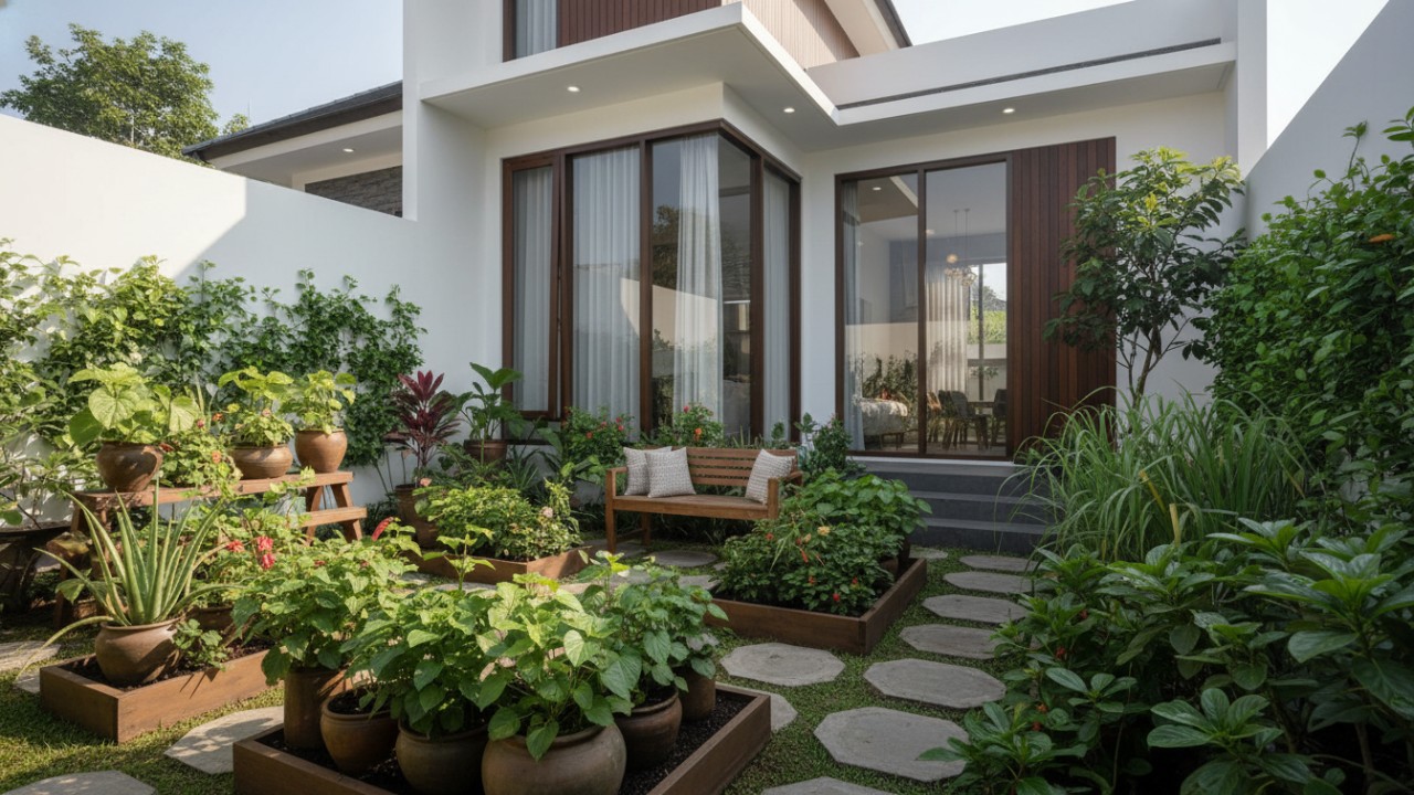 Pekarangan rumah minimalis dengan tanaman herbal tersusun rapi, menghadirkan hunian sehat dan berkelanjutan.