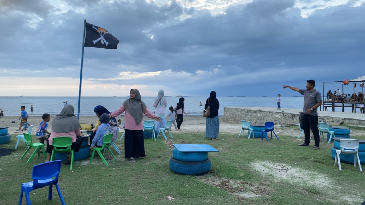 Suasana ramai pesisir Balikpapan saat libur akhir tahun, perahu wisata dan UMKM jadi pusat aktivitas ekonomi.