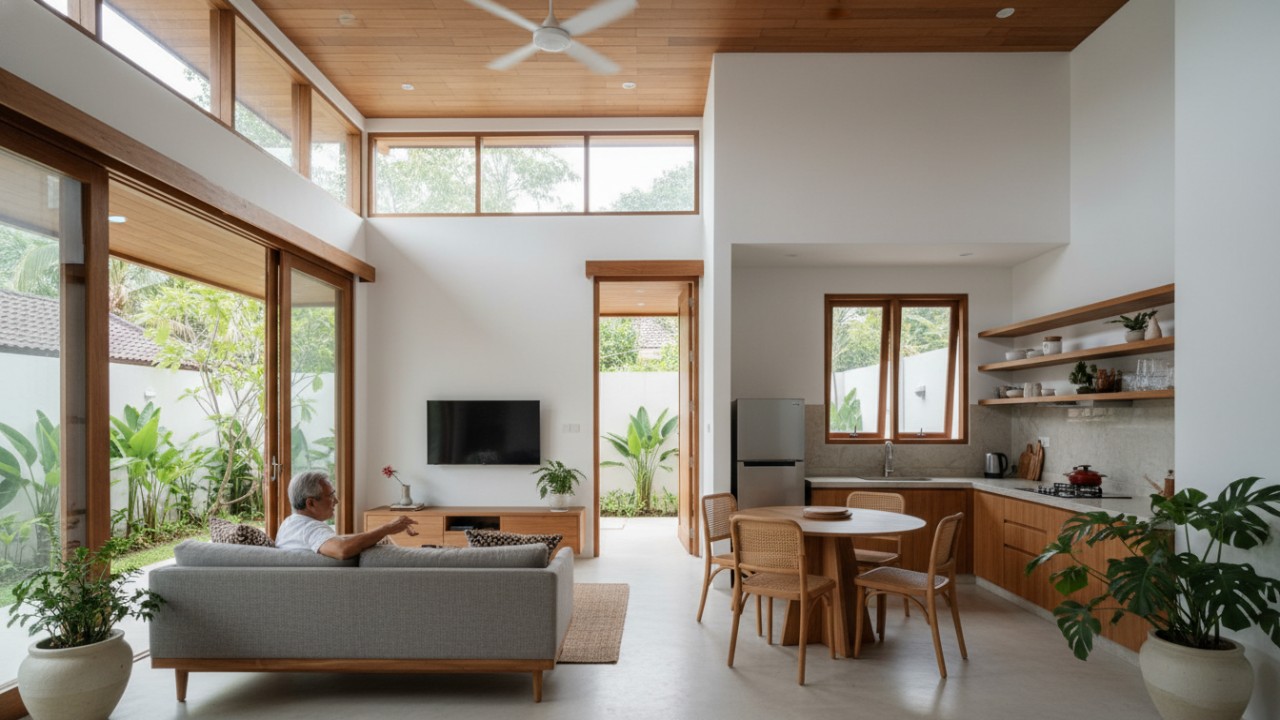 Rumah minimalis masa tua dengan ventilasi alami dan desain pasif yang mendukung efisiensi energi jangka panjang.