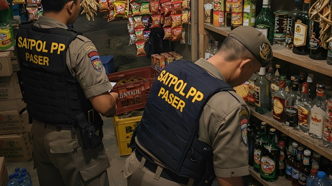 Satpol PP Paser menggelar razia miras di salah satu warung.