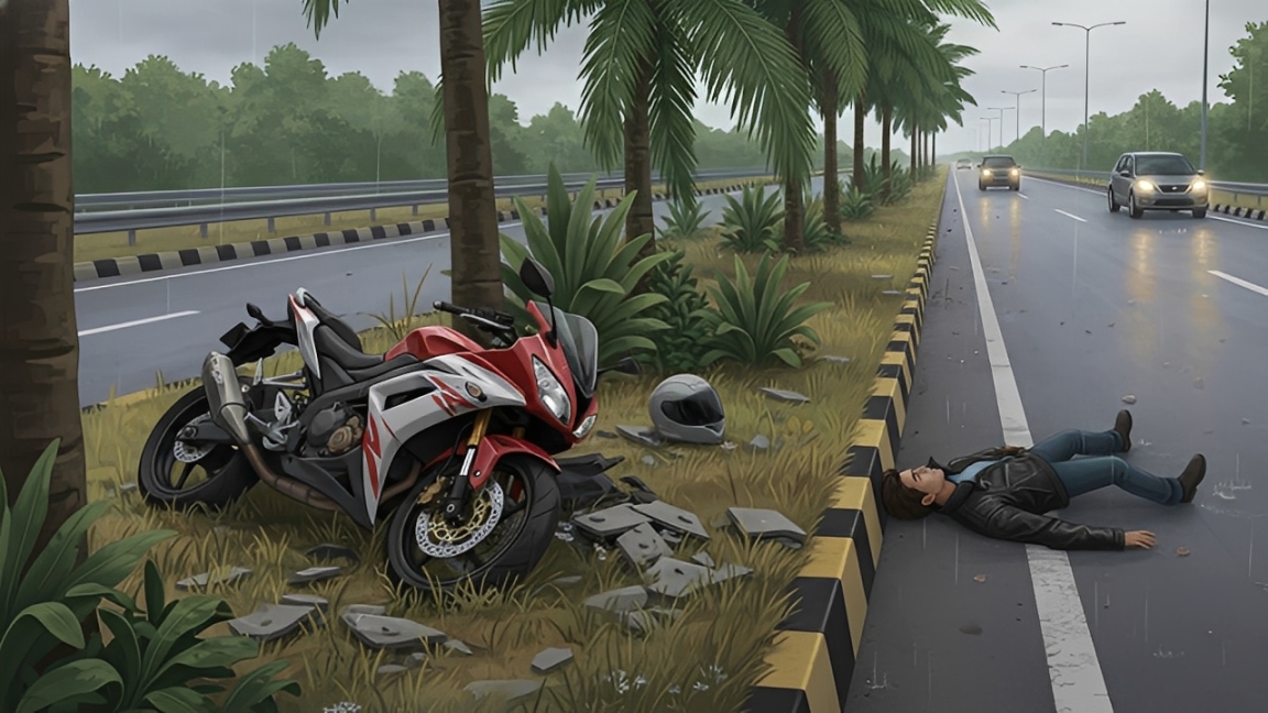 Ilustrasi kecelakaan tunggal pengendara motor di ruas jalan.
