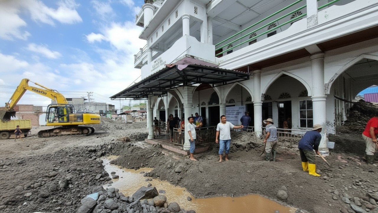 Relawan PLN bersama warga setempat bahu-membahu membersihkan lumpur di Masjid At Taqwa, Desa Lampahan Timur, Kabupaten Bener Meriah.