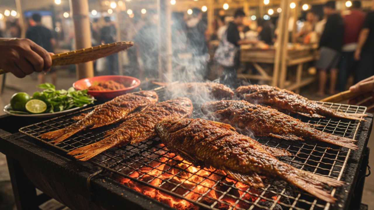 Ikan bakar di atas panggangan panas dengan kulit utuh dan warna bumbu keemasan, menggoda untuk disantap.