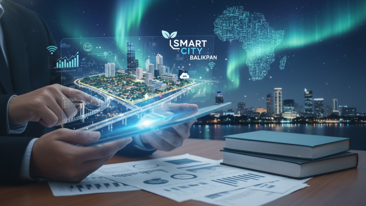 Ilustrasi kota Balikpapan dengan jaringan digital dan sensor pintar sebagai simbol transformasi smart city berbasis riset.